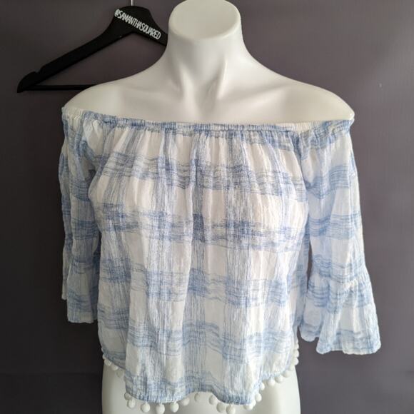 Abbeline Off the Shoulder Gauzy Plaid Cropped Top Sz Small - Picture 1 of 7